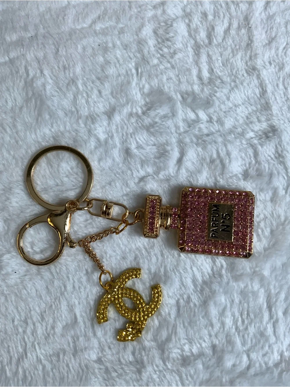 Pink Crystal Perfume Bottle & Gold Logo Keychain - Picture 1 of 2